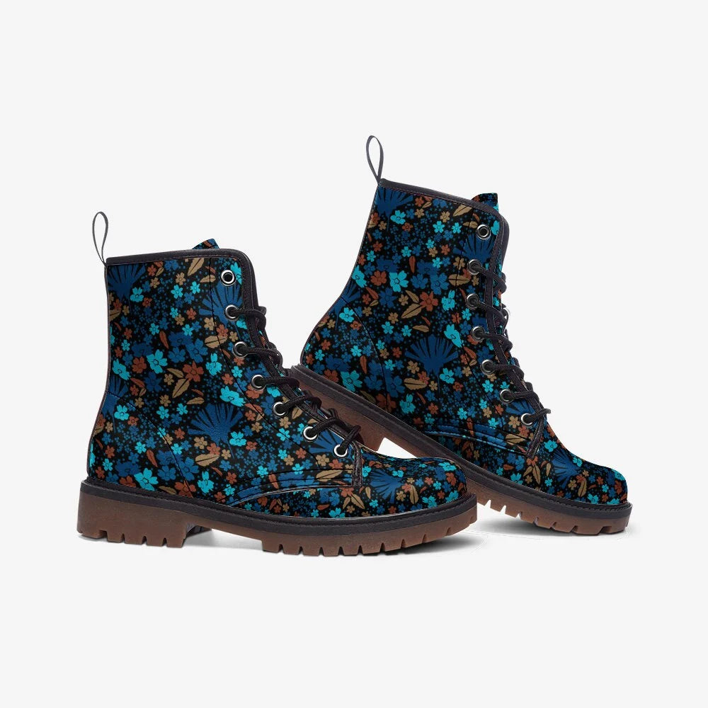 Blue Floral Vegan Leather Boots