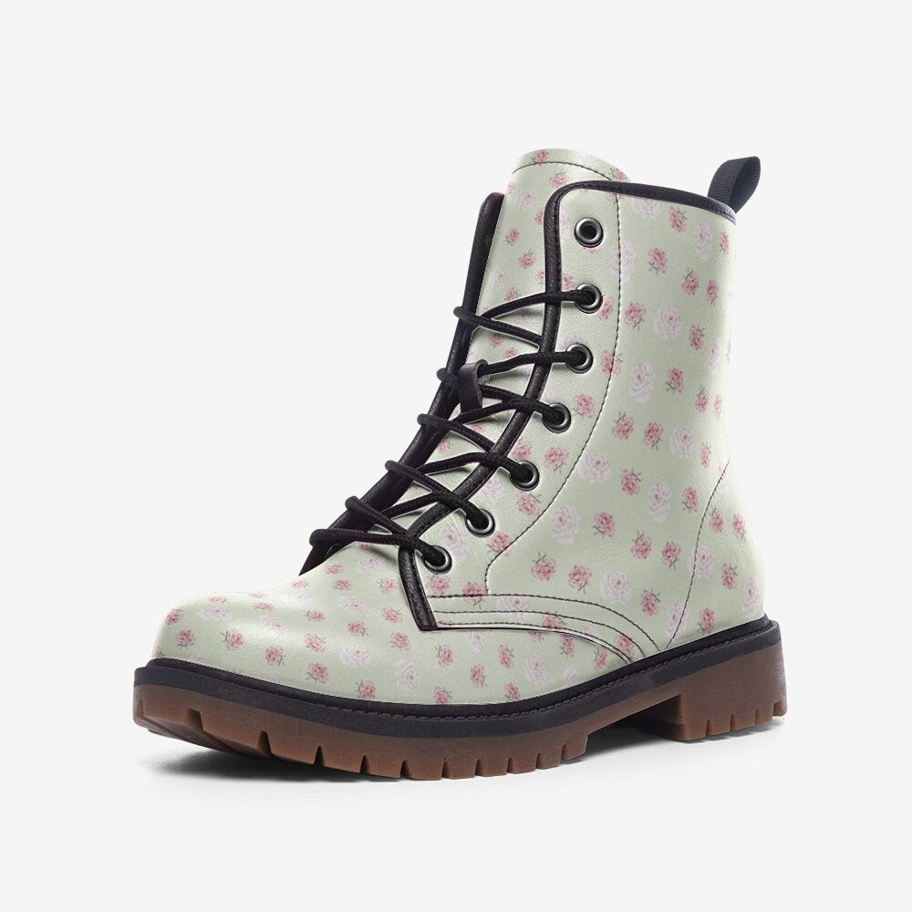 Pastel Green Pink And White Patterned Vegan Leather Boots