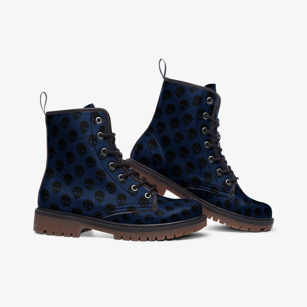 Deep Blue And Black Skulls Gothic Vegan Leather Boots