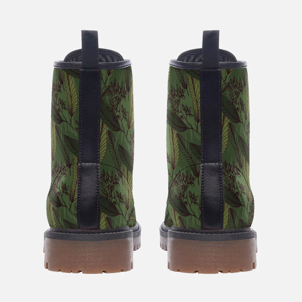 Organic Red And Green Leaf Patterned Vegan Leather Lightweight Boots
