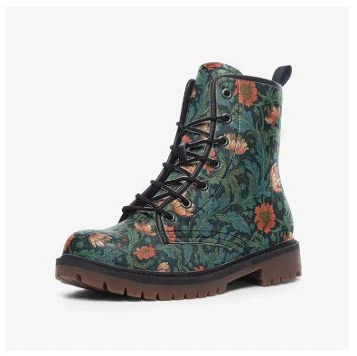 William Morris Green And Orange Pattern Vegan Leather Boots
