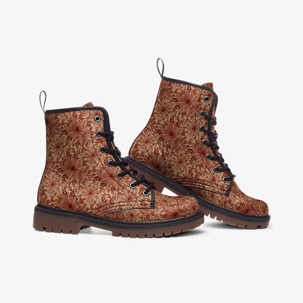 Bordeaux Organic Red And Gold Floral Vegan Leather Festival Boots