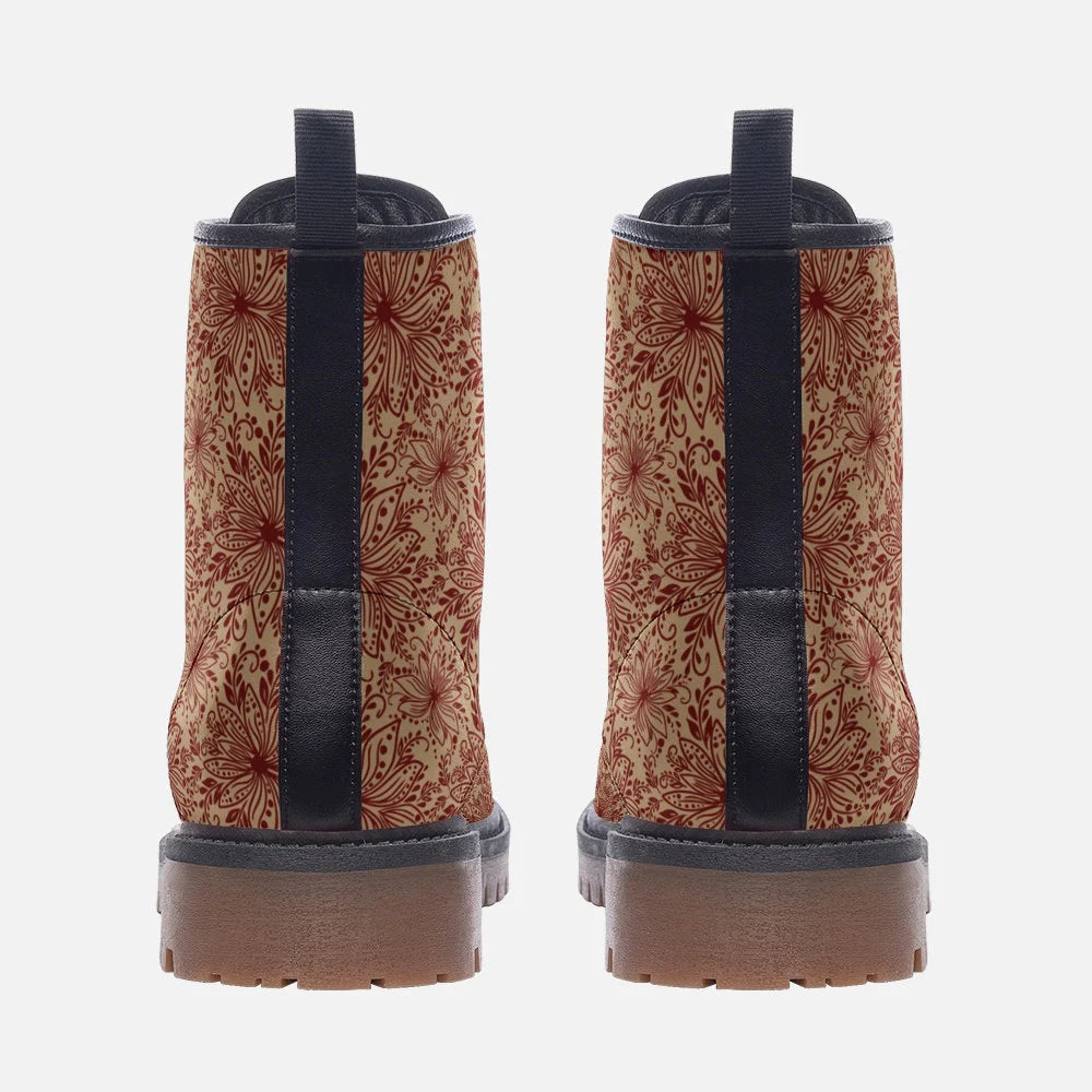 Bordeaux Organic Red And Gold Floral Vegan Leather Festival Boots