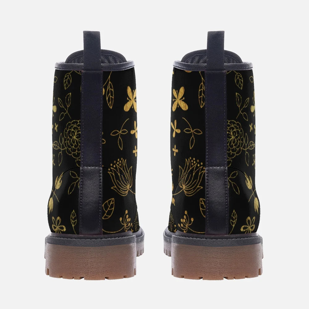 Black And Gold Floral Lineart Boho Style Vegan Leather Festival Boots