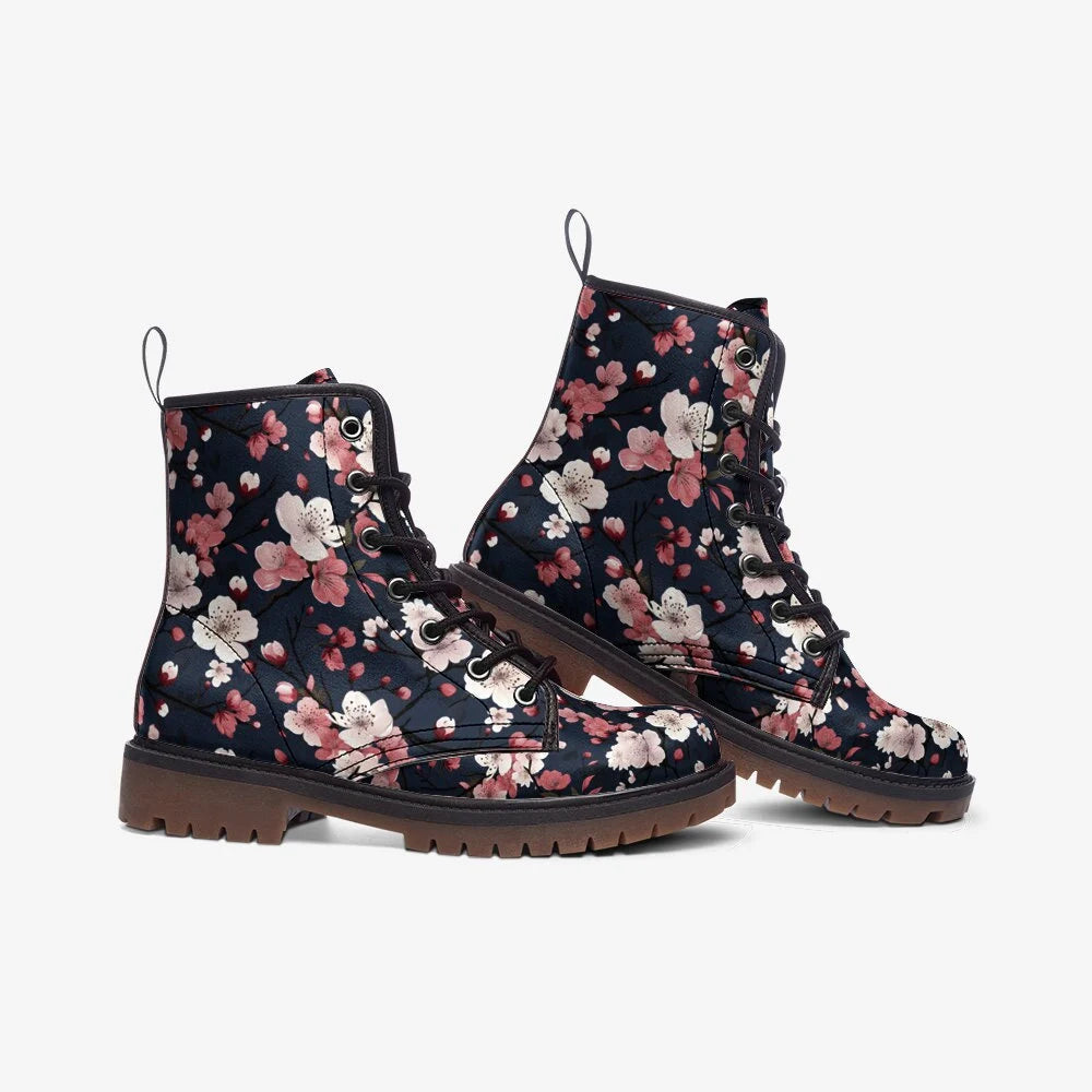 Pink And Blue Cherry Blossoms Vegan Leather Festival Boots