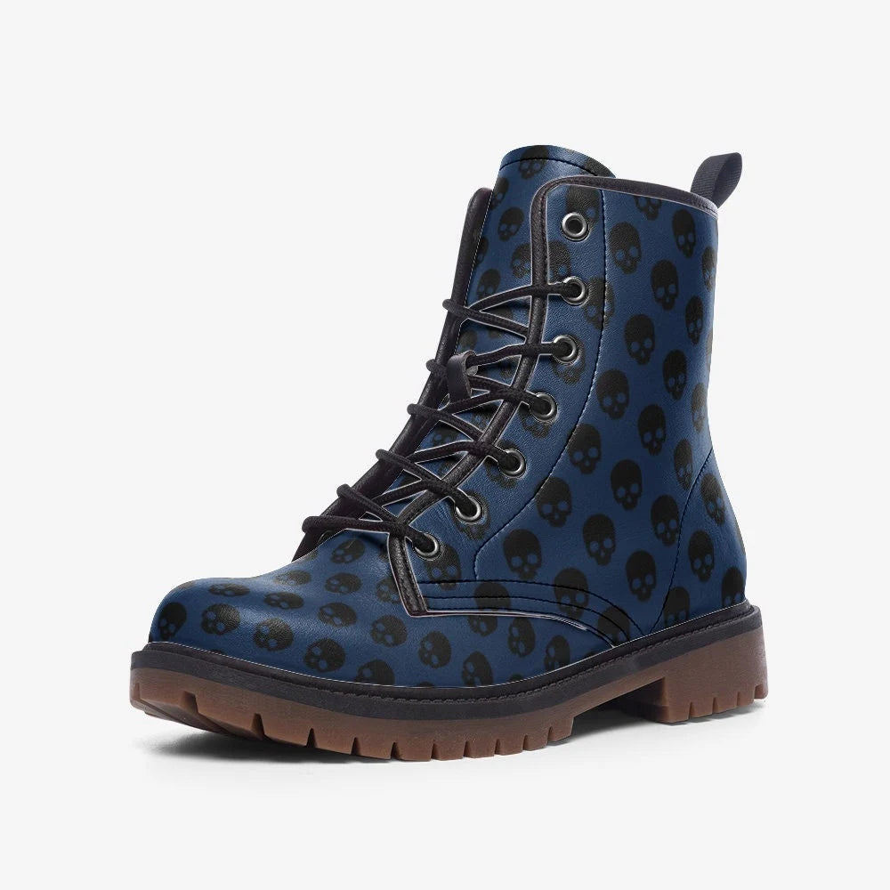 Deep Blue And Black Skulls Gothic Vegan Leather Boots