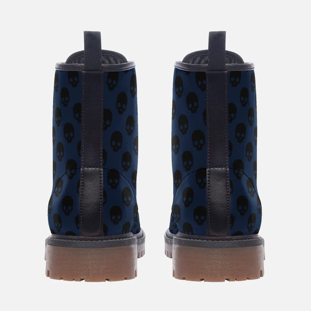 Deep Blue And Black Skulls Gothic Vegan Leather Boots