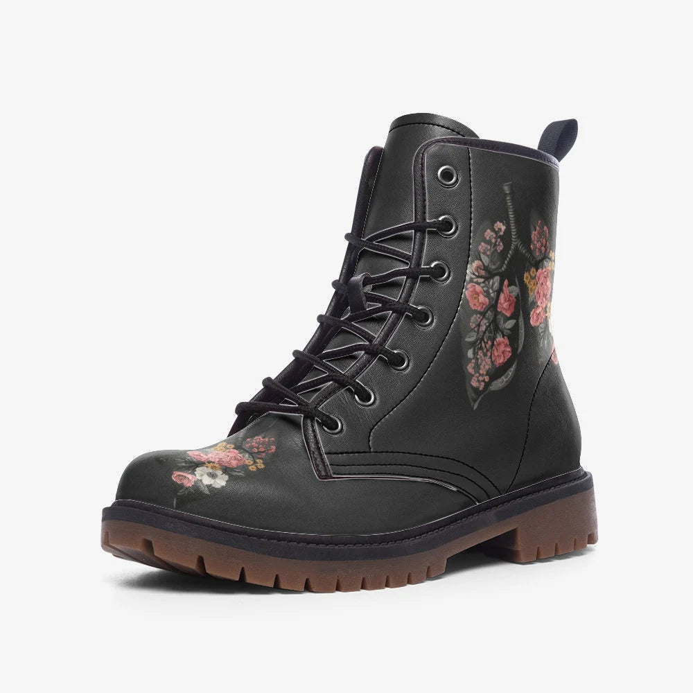 Black And Floral Heart Lung Gothic Vegan Leather Boots