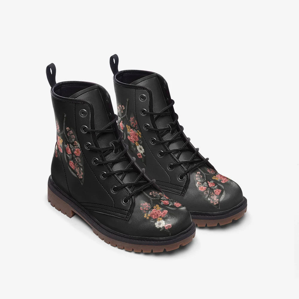 Black And Floral Heart Lung Gothic Vegan Leather Boots