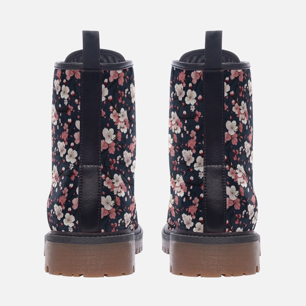 Beautiful Navy And Pink Cherry Blossom Vegan Leather Boots