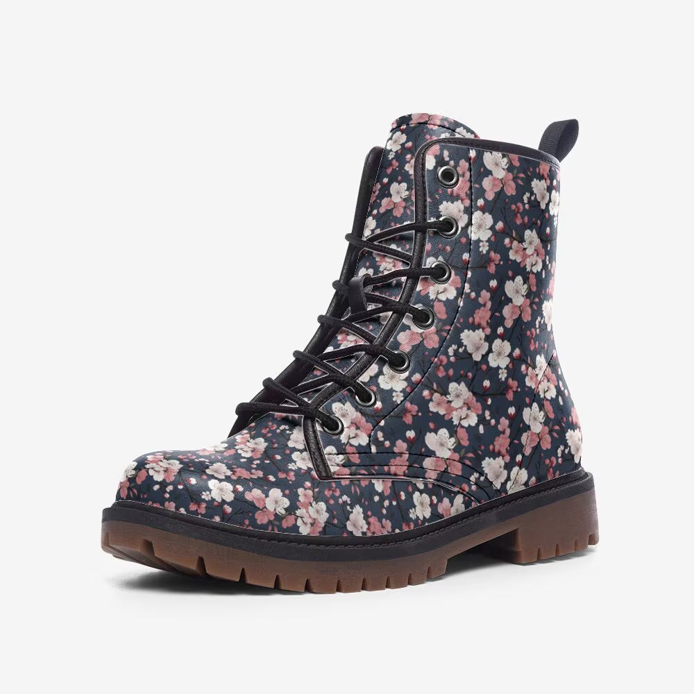 Beautiful Navy And Pink Cherry Blossom Vegan Leather Boots
