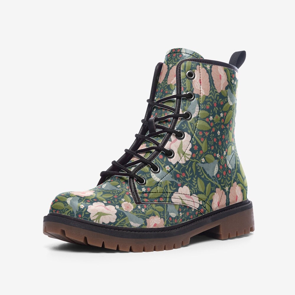 Green Birds Of William Morris Vegan Leather Boots