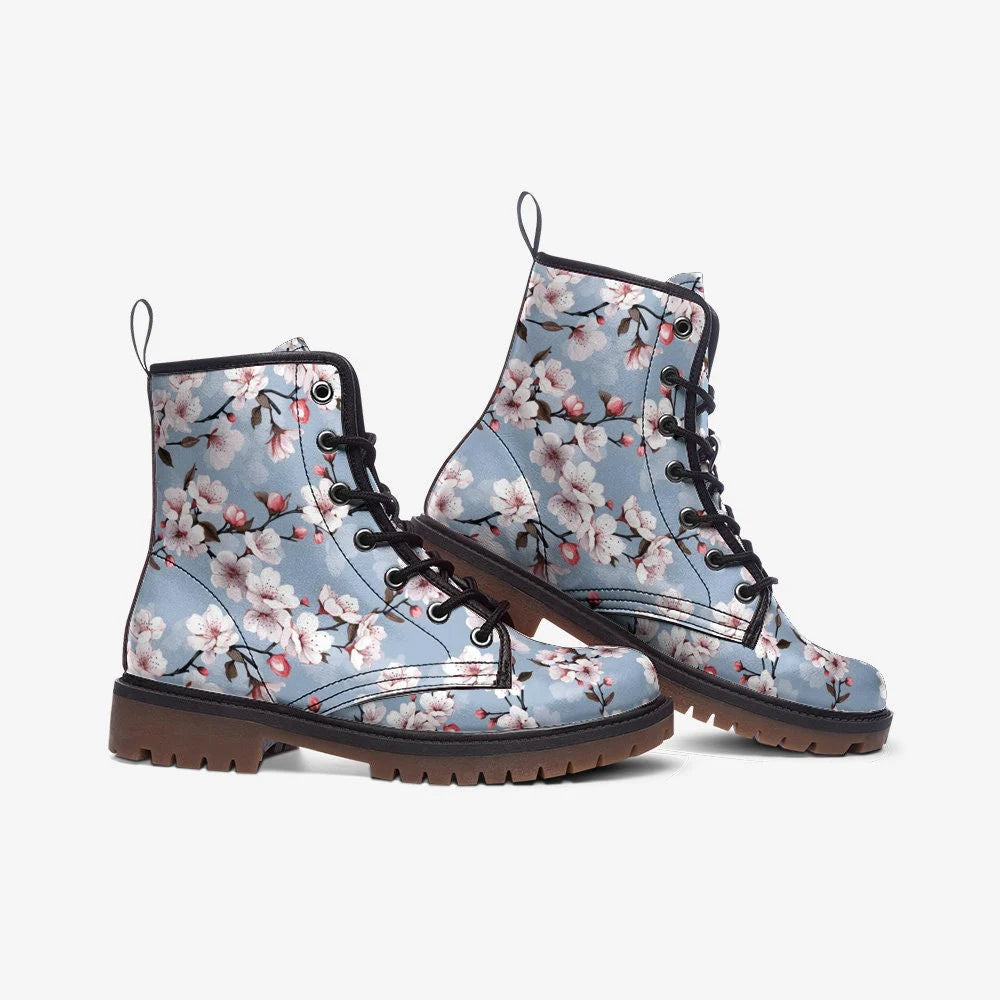 Light Blue Pastel Cherryblossom Vegan Leather Boots