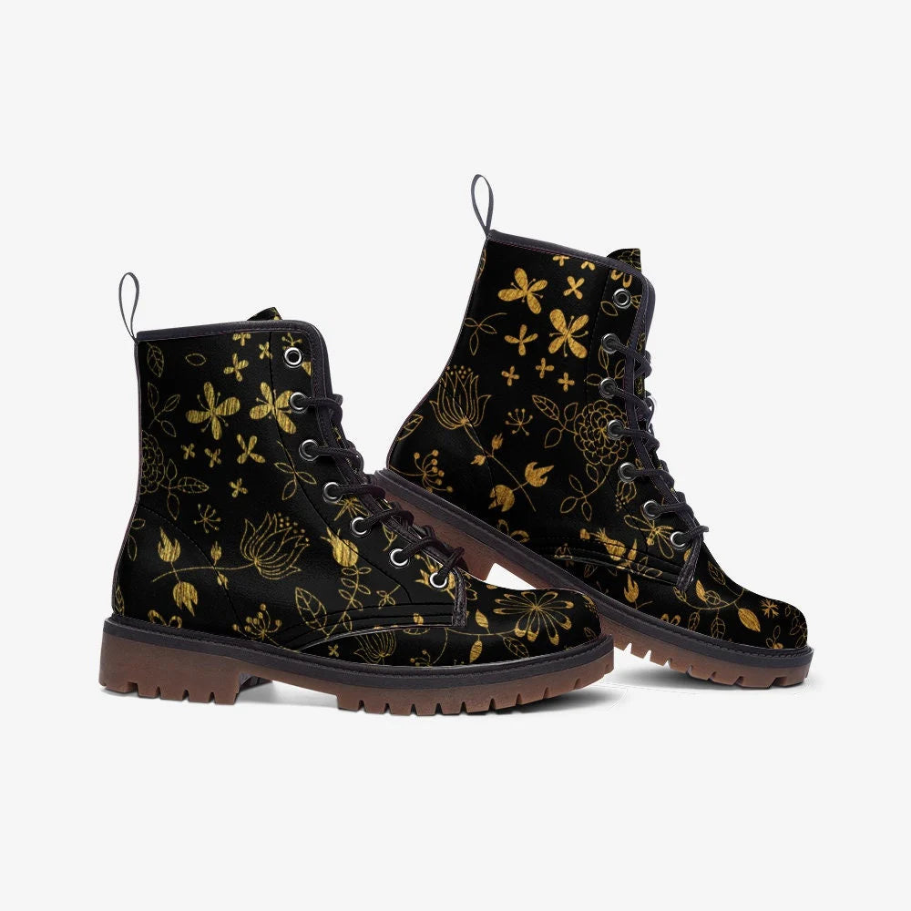 Black And Gold Floral Lineart Boho Style Vegan Leather Festival Boots