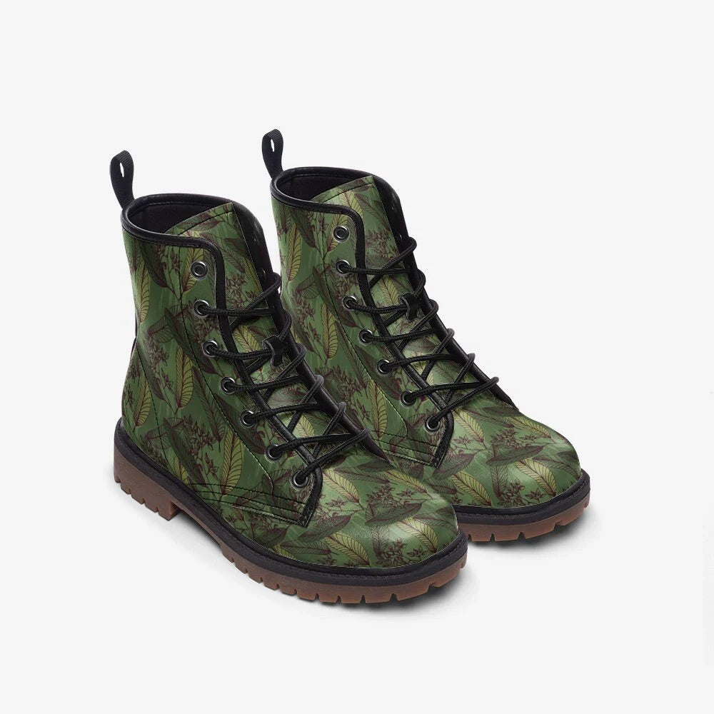 Organic Red And Green Leaf Patterned Vegan Leather Lightweight Boots