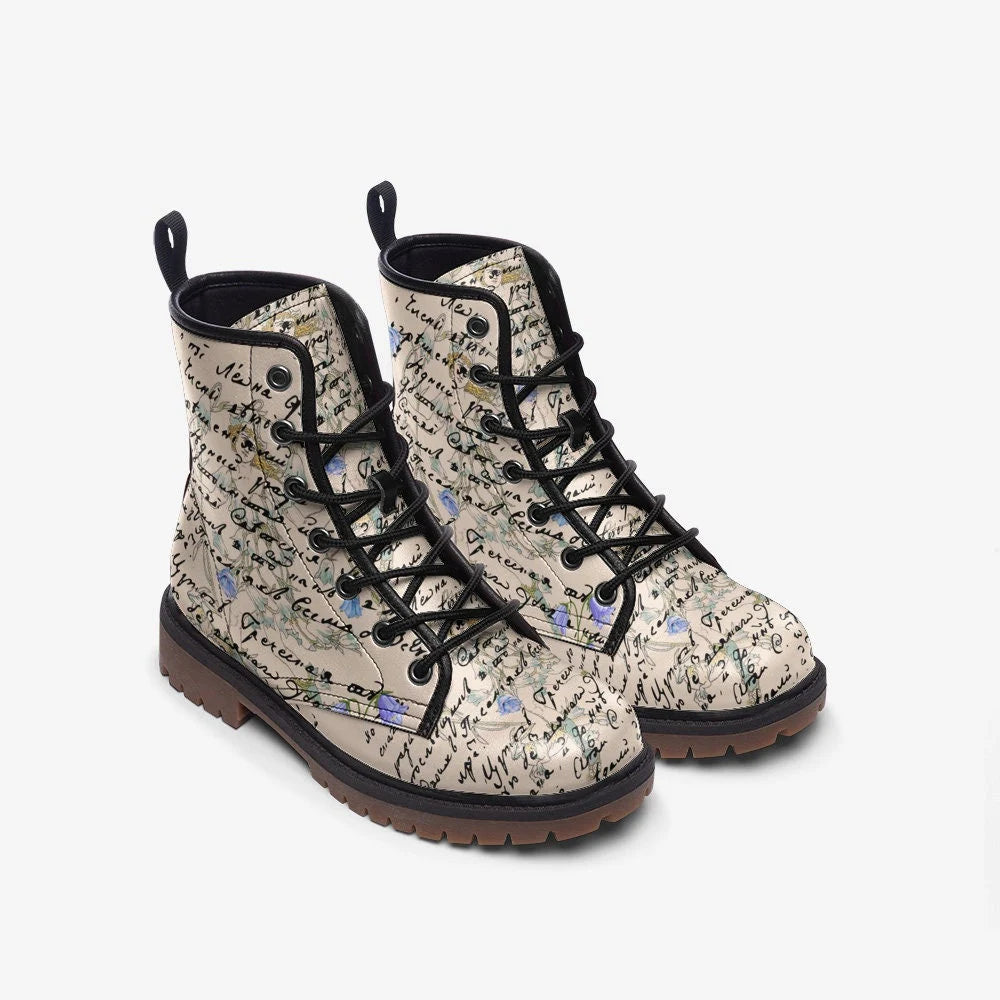Shakespeare Writing With Blue Flowers Vegan Leather Boots