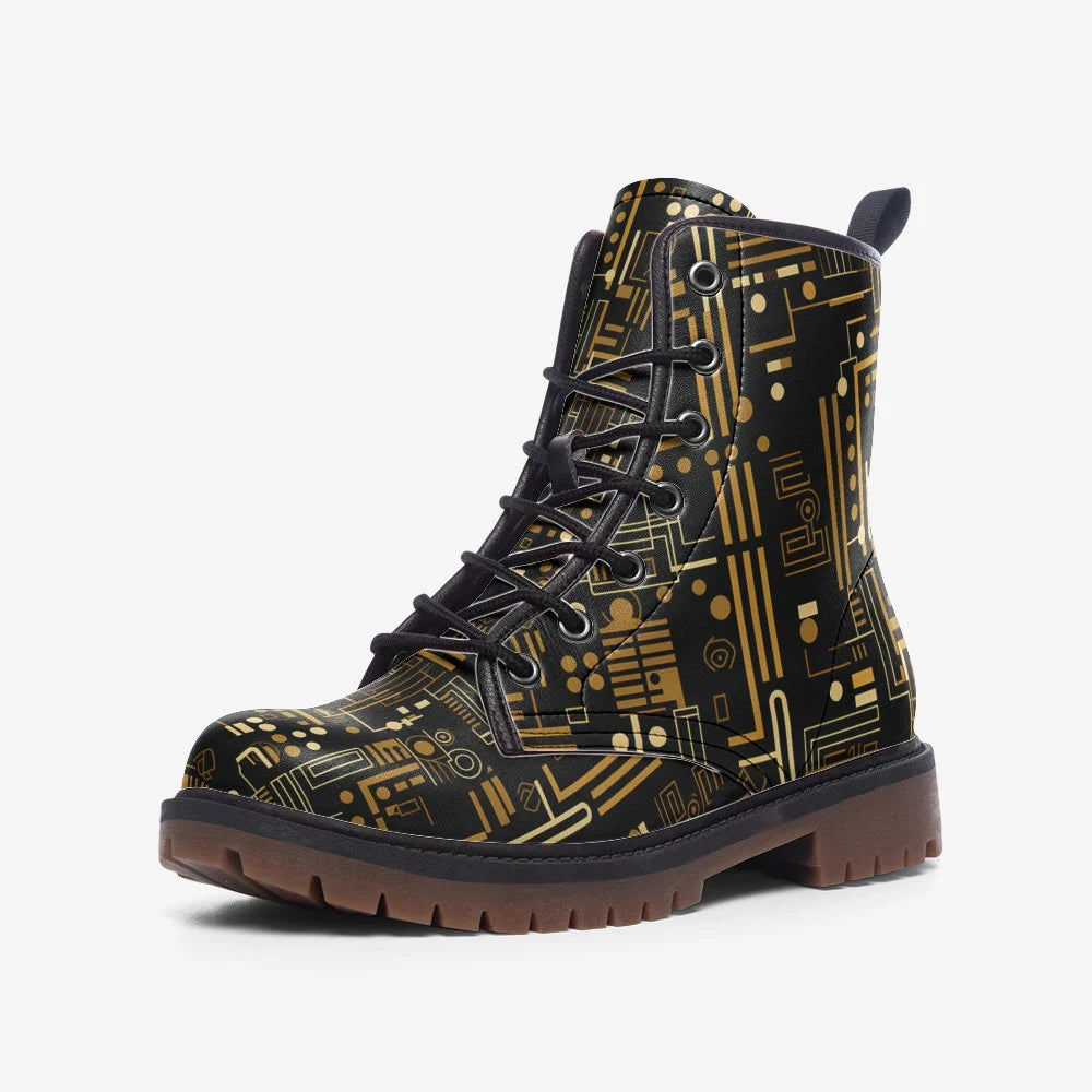 Black And Gold Line Patterned Vegan Leather Festival Boots