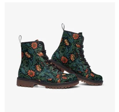 William Morris Green And Orange Pattern Vegan Leather Boots