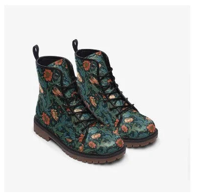 William Morris Green And Orange Pattern Vegan Leather Boots
