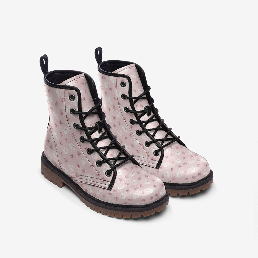 Pastel Pink And White Pretty Floral Patterned Vegan Leather Boots