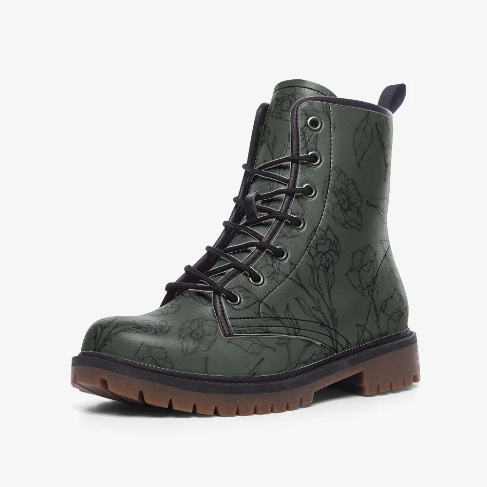 Lineart Flower Gothic Green Vegan Leather Boots