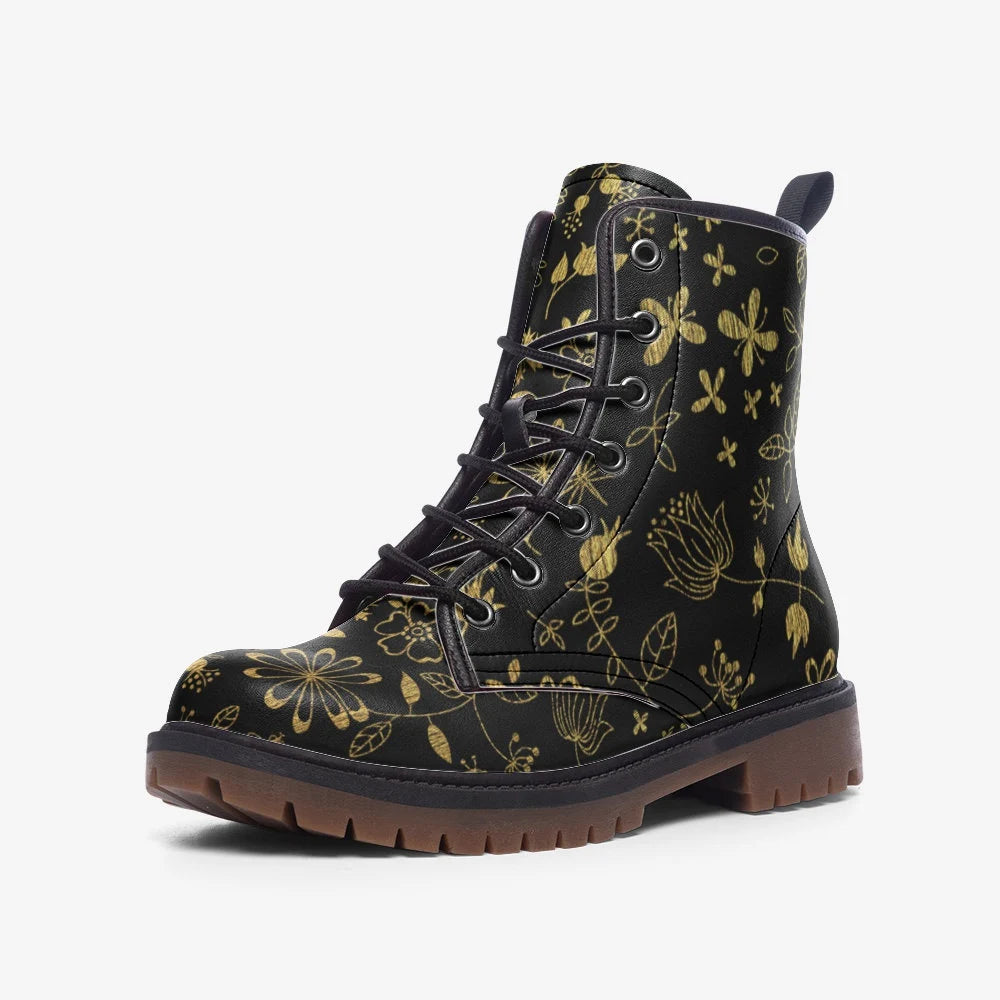 Black And Gold Floral Lineart Boho Style Vegan Leather Festival Boots