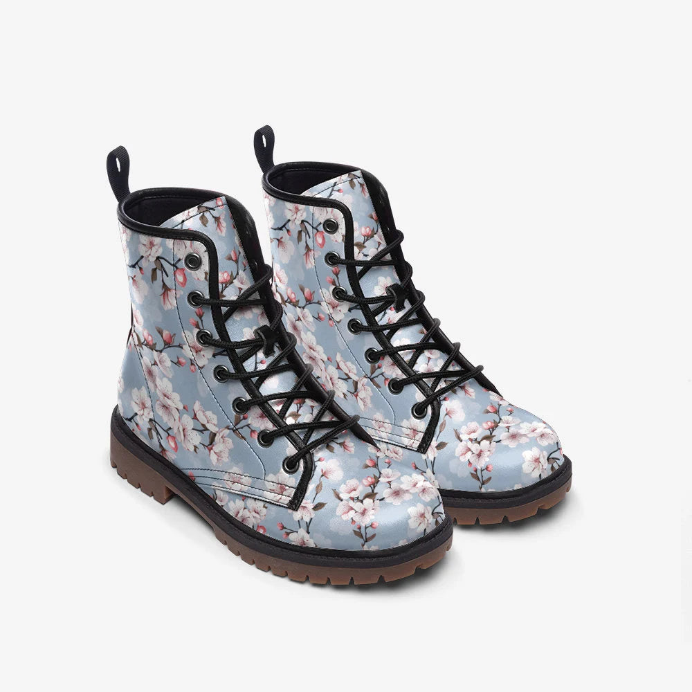 Light Blue Pastel Cherryblossom Vegan Leather Boots
