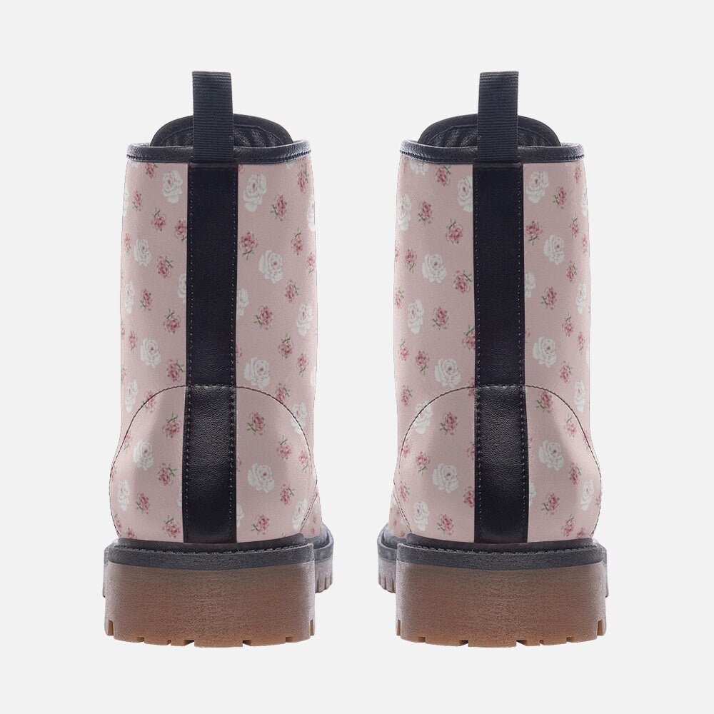 Pastel Pink And White Pretty Floral Patterned Vegan Leather Boots