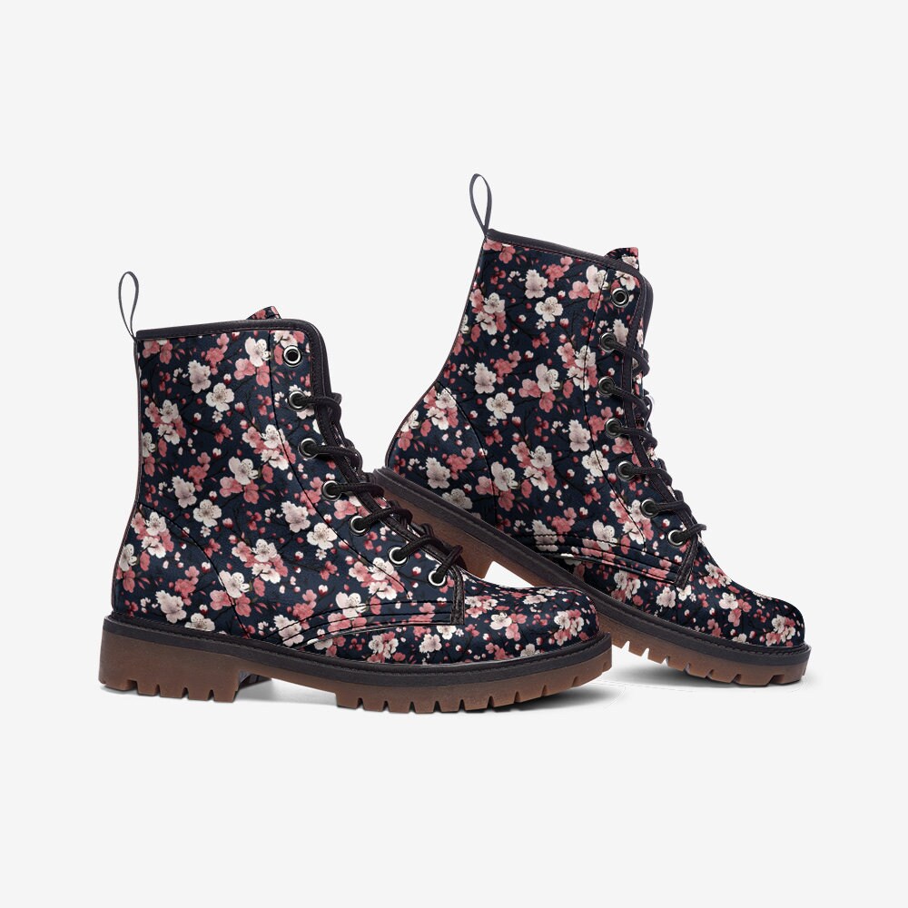 Beautiful Navy And Pink Cherry Blossom Vegan Leather Boots