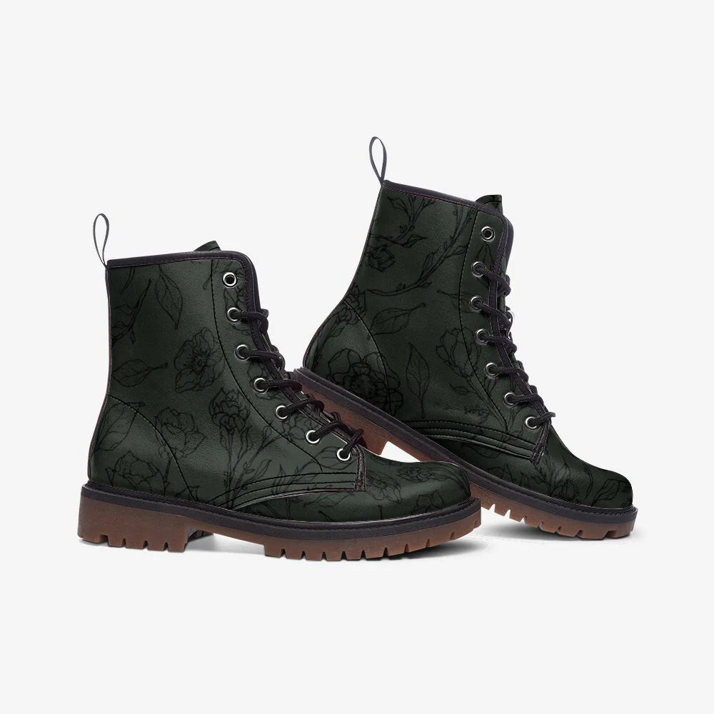 Lineart Flower Gothic Green Vegan Leather Boots