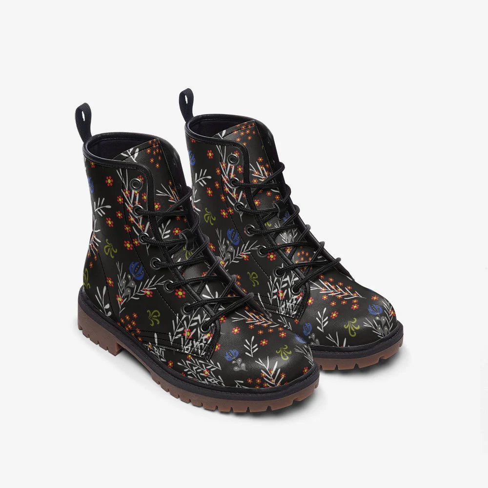 Vintage Floral Black Vegan Leather Boots