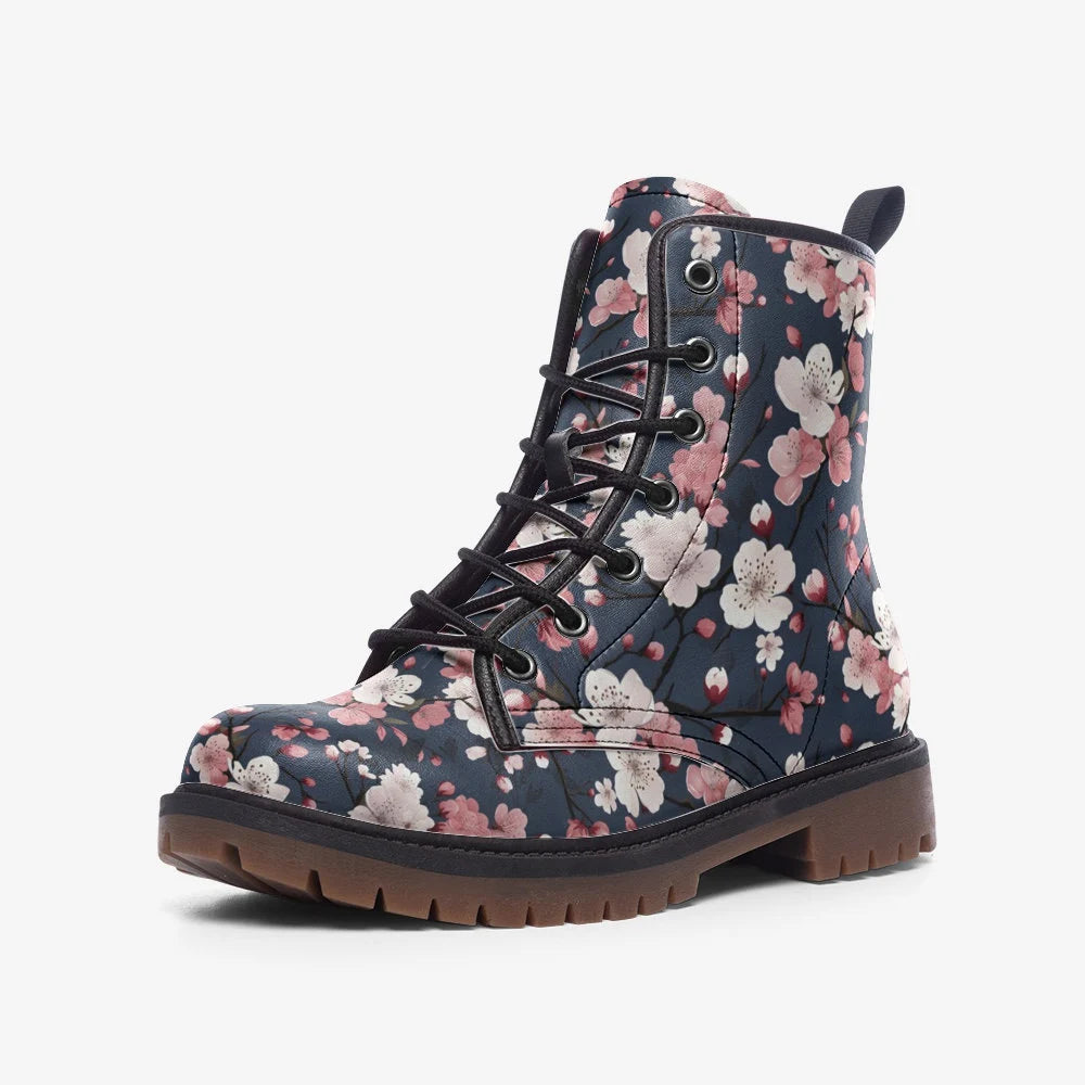 Pink And Blue Cherry Blossoms Vegan Leather Festival Boots