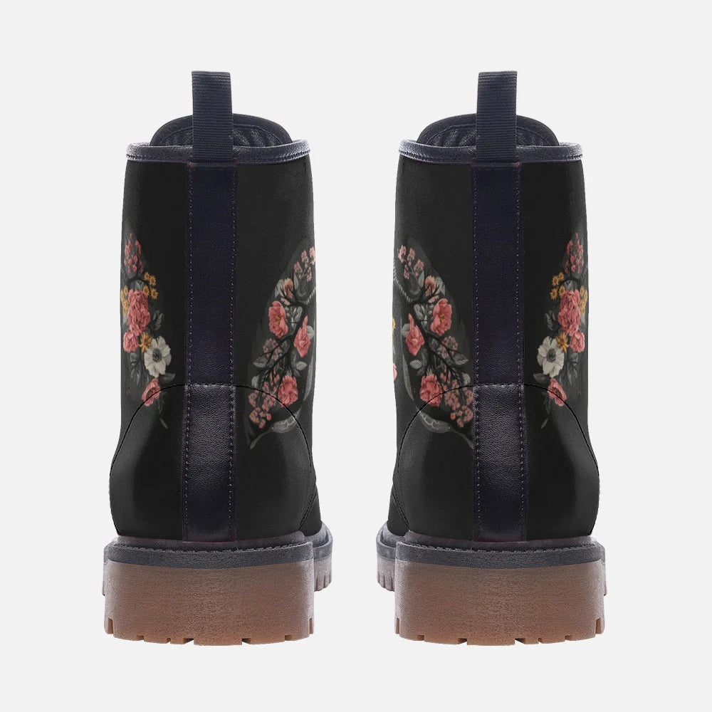 Black And Floral Heart Lung Gothic Vegan Leather Boots